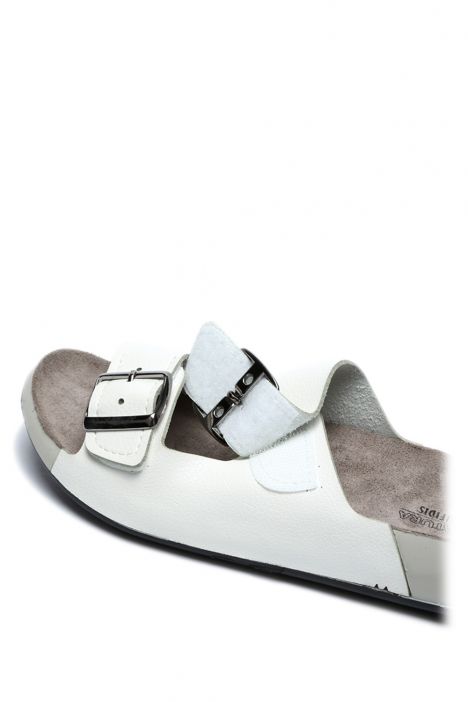 SIB223835 Kifidis-Natura Kadın Çift Bantlı Anatomik Deri Terlik 36-41 -BT Beyaz/White