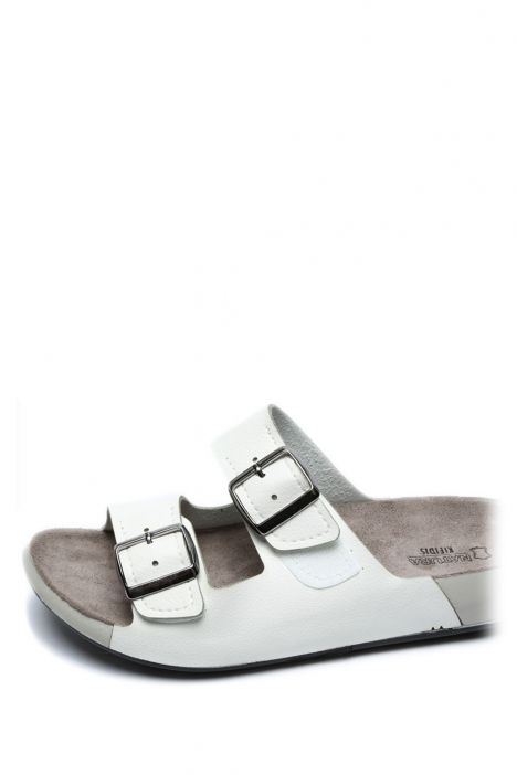 SIB223835 Kifidis-Natura Kadın Çift Bantlı Anatomik Deri Terlik 36-41 -BT Beyaz/White