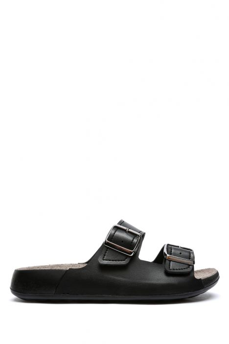 SIB223835 Kifidis-Natura Kadın Çift Bantlı Anatomik Deri Terlik 36-41 -BT Siyah/Black