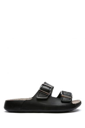 SIB223835 Kifidis-Natura Kadın Çift Bantlı Anatomik Deri Terlik 36-41 -BT Siyah/Black