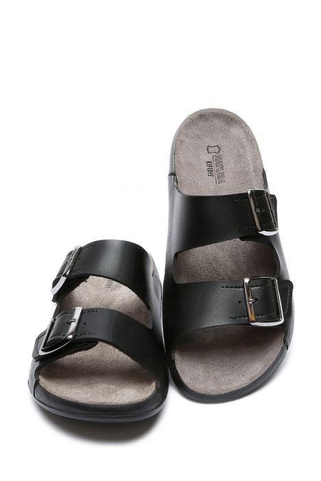 SIB223835 Kifidis-Natura Kadın Çift Bantlı Anatomik Deri Terlik 36-41 -BT Siyah/Black