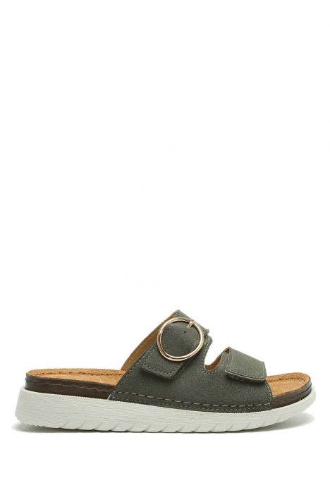 SIB250202 Kifidis-Natura Kadın Tokalı Anatomik Deri Terlik 36-41 Haki/Khaki