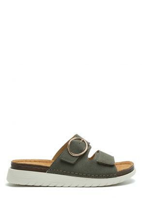 SIB250202 Kifidis-Natura Kadın Tokalı Anatomik Deri Terlik 36-41 Haki/Khaki