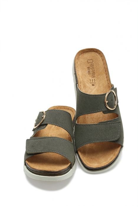 SIB250202 Kifidis-Natura Kadın Tokalı Anatomik Deri Terlik 36-41 Haki/Khaki