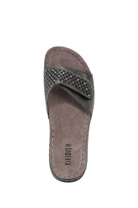 SIB3402 Kifidis-Natura Kadın Taşlı Anatomik Deri Terlik 36-41 -BT Gri Sim