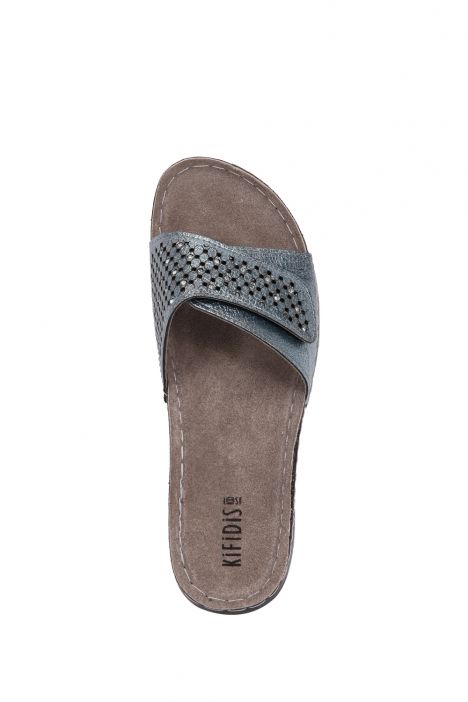 SIB3402 Kifidis-Natura Kadın Taşlı Anatomik Deri Terlik 36-41 -BT Mavi Sim