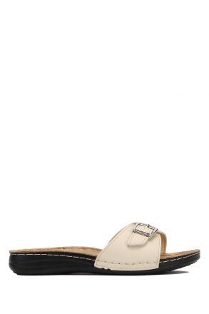 SIB3405 Kifidis-Natura Kadın Tokalı Anatomik Deri Terlik 36-41 -BT Bej / Beige