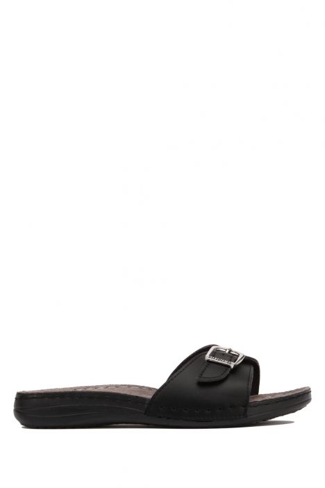 SIB3405 Kifidis-Natura Kadın Tokalı Anatomik Deri Terlik 36-41 -BT Siyah / Black