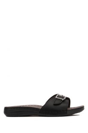 SIB3405 Kifidis-Natura Kadın Tokalı Anatomik Deri Terlik 36-41 -BT Siyah / Black