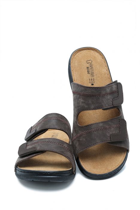 SIB4412 Kifidis-Natura Erkek Çift Bantlı Anatomik Deri Terlik 40-45 Kahve/Brown