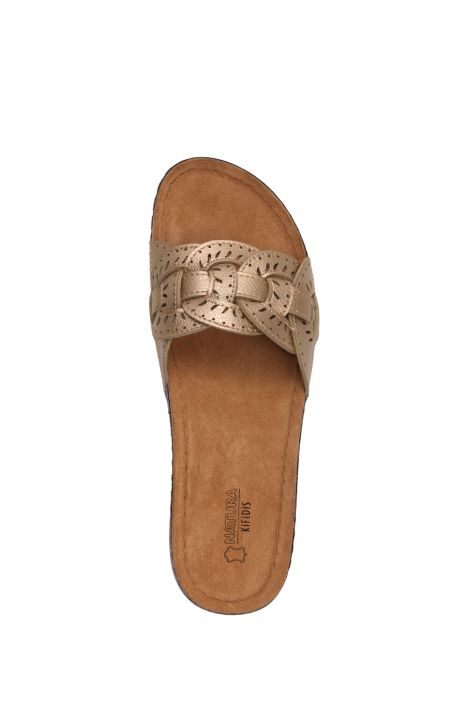 SIB5773 Kifidis-Natura Kadın Anatomik Deri Terlik 36-41 -BT Altın/Gold