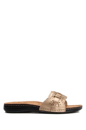 SIB5773 Kifidis-Natura Kadın Anatomik Deri Terlik 36-41 -BT Altın/Gold