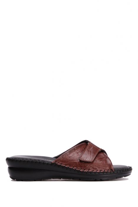 YIP100 Kifidis Handmade Kadın Deri Terlik 35-41 Kırışık Kahve