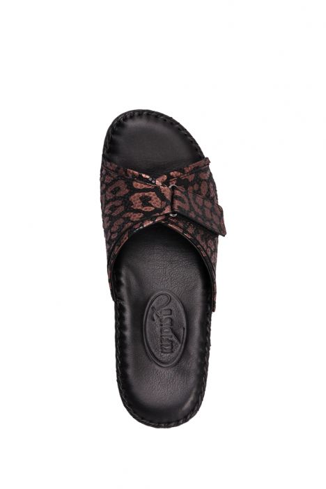 YIP100 Kifidis Handmade Kadın Deri Terlik 35-41 Kahve Leopar