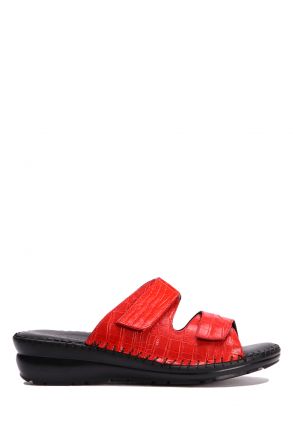 YIP101V2 Kifidis Handmade Kadın Deri Terlik 35-41 Kırmızı Croco Caretta