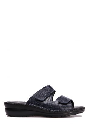 YIP101V2 Kifidis Handmade Kadın Deri Terlik 35-41 Lacivert Croco Caretta