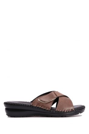 YIP108 Kifidis Handmade Kadın Deri Terlik 35-41 Vizon Düz Deri