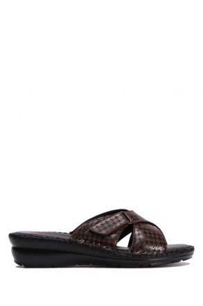 YIP108 Kifidis Handmade Kadın Deri Terlik 35-41 Kahve Kazayağı