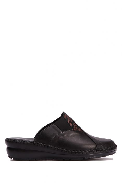 YIP3951  Kifidis Handmade Kadın Deri Terlik 35-41 Siyah Düz Deri-Kahve Leopar
