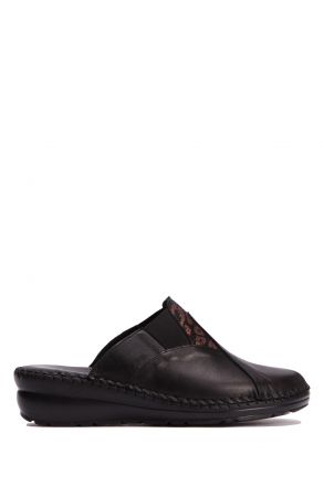 YIP3951  Kifidis Handmade Kadın Deri Terlik 35-41 Siyah Düz Deri-Kahve Leopar
