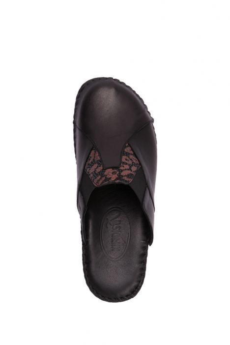 YIP3951  Kifidis Handmade Kadın Deri Terlik 35-41 Siyah Düz Deri-Kahve Leopar