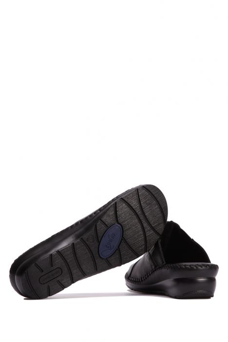 YIP3951  Kifidis Handmade Kadın Deri Terlik 35-41 Siyah Düz Deri-Kahve Leopar