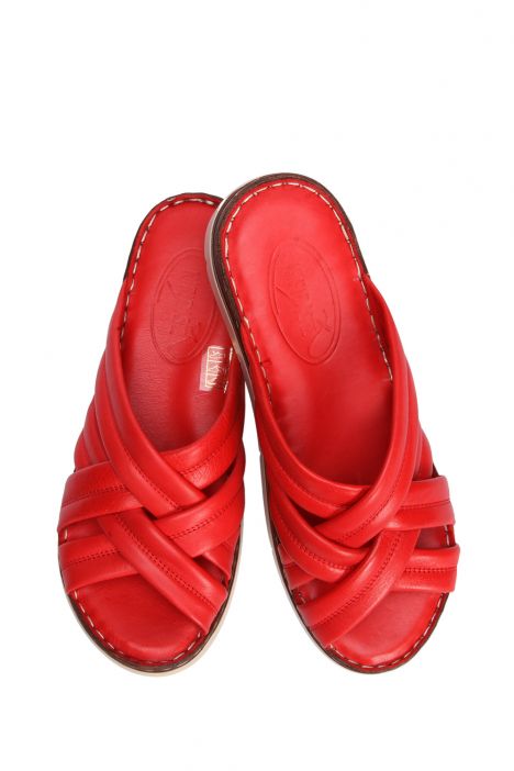 YIP759 Kifidis Handmade Kadın Deri Terlik 35-41 - BT Nar Çiçeği/Red