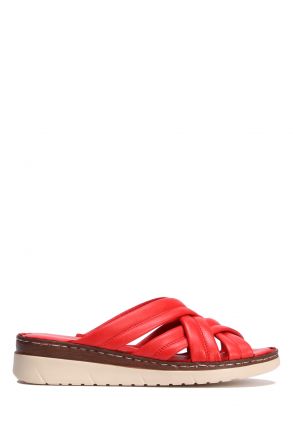 YIP759 Kifidis Handmade Kadın Deri Terlik 35-41 - BT Nar Çiçeği/Red